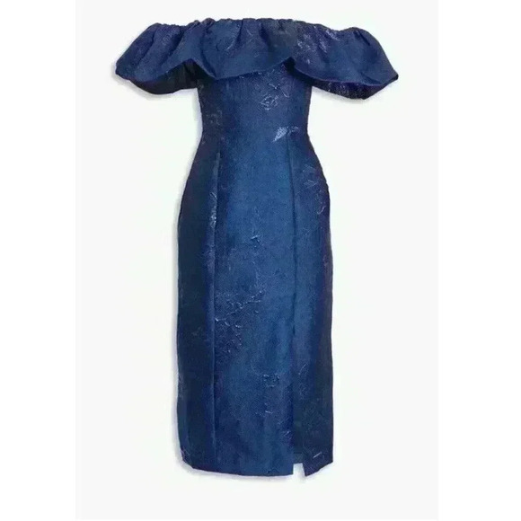 New Monique Lhuillier Cocktail Dress Off-The-Shoulder Bow Metallic Floral Size 8 - Picture 5 of 13